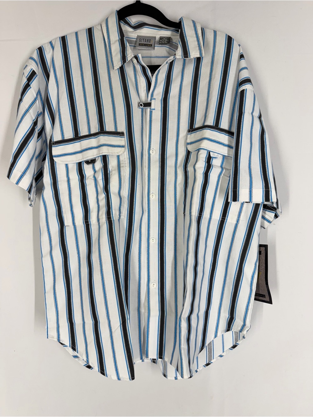 Gitano‎ White Button-Up Short Sleeve Shirt with Blue and Black Stripes